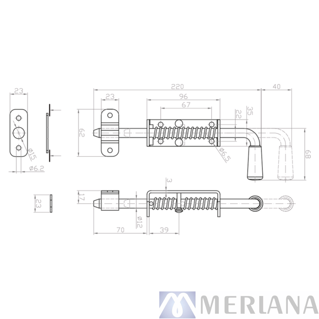 Apatinė vartų skląstis su spiruokle 220 mm, L15NZ040