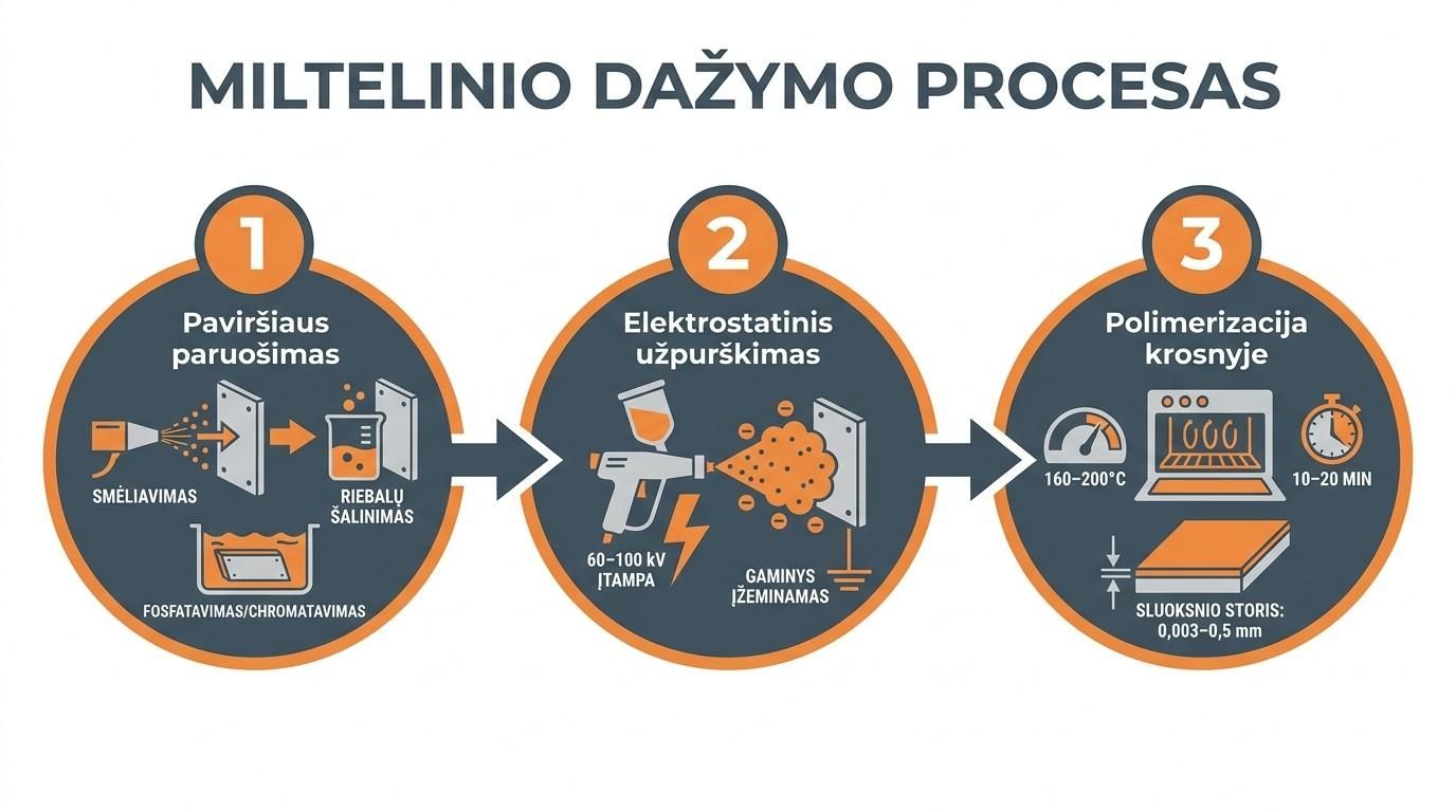 Miltelinio dažymo proceso 3 etapai: paviršiaus paruošimas, elektrostatinis užpurškimas ir polimerizacija krosnyje