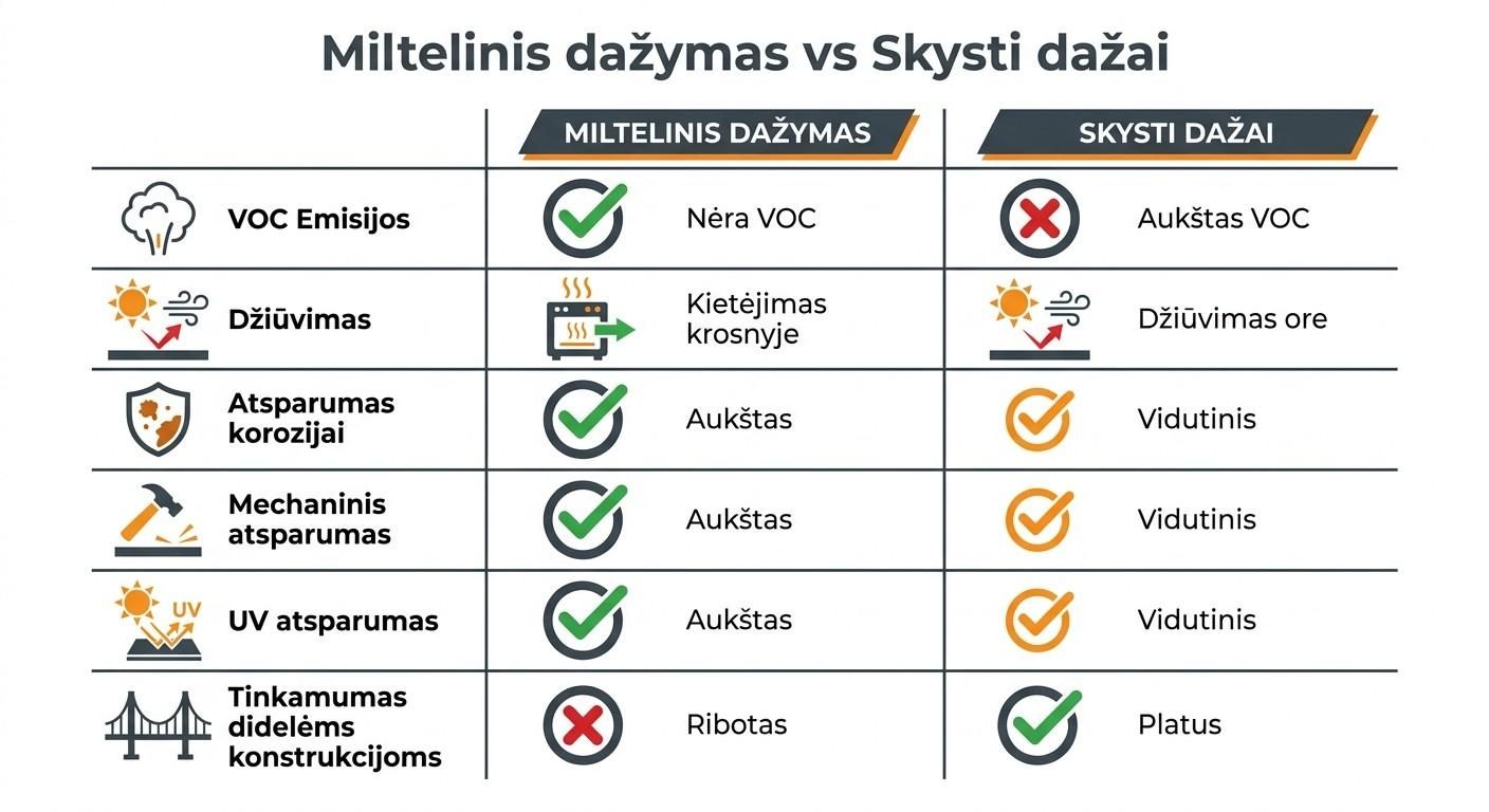 Miltelinis dažymas vs skysti dažai – palyginimo lentelė pagal VOC emisijas, atsparumą korozijai, UV atsparumą ir kitas savybes
