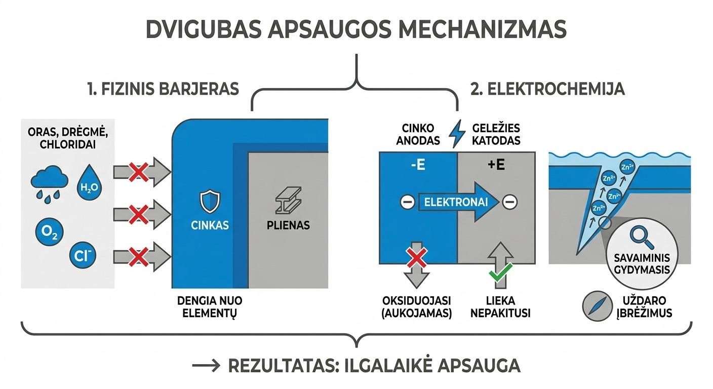 Cinkavimo apsaugos principas: fizinis barjeras ir elektrocheminis aukojamojo anodo mechanizmas, apsaugantis plieną nuo korozijos