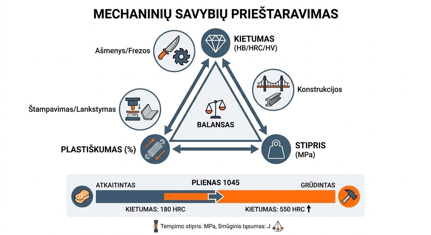 Plieno mechaninių savybių trikampis: kietumas, plastiškumas ir stipris – plieno 1045 terminio apdorojimo poveikis charakteristikoms