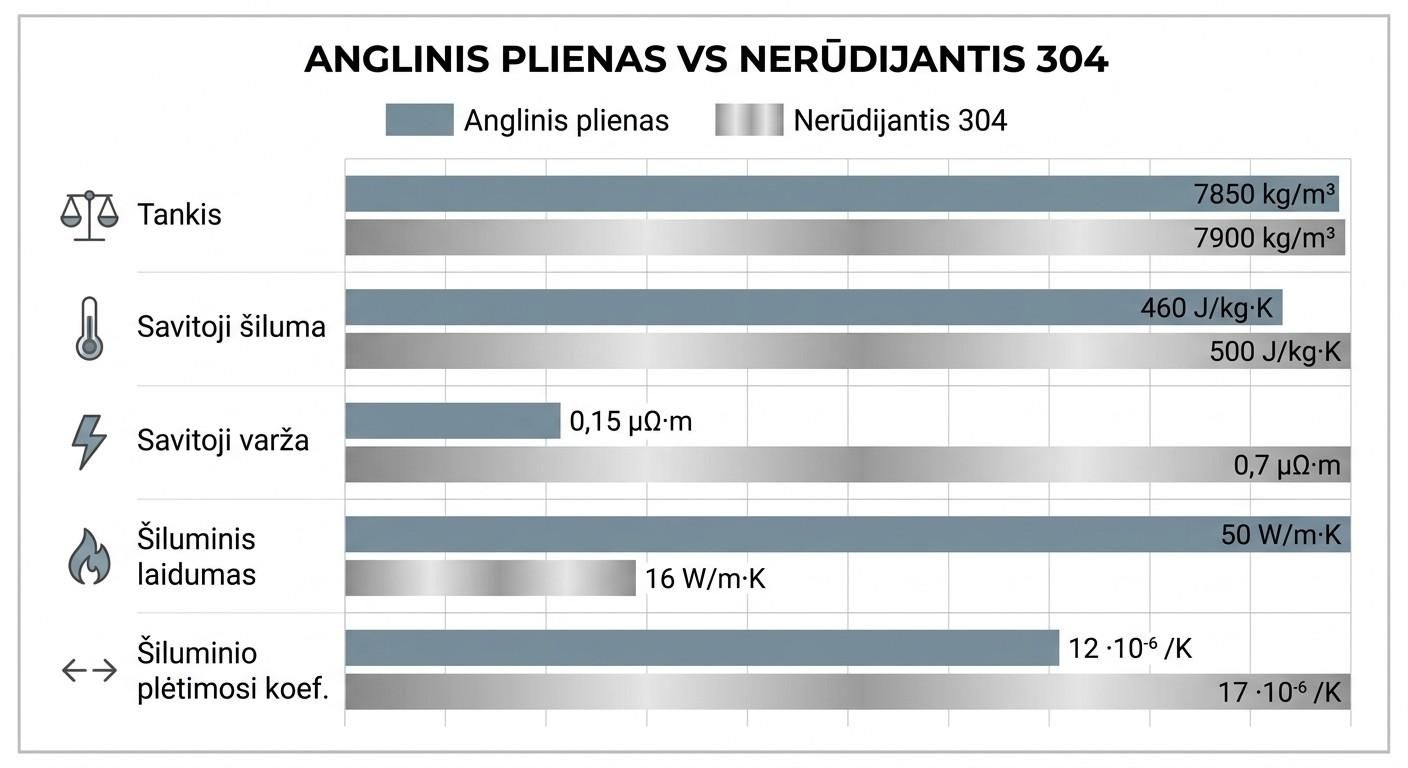 Anglinio ir nerūdijančio 304 plieno fizikinių savybių palyginimas: tankis, šiluminis laidumas, savitoji varža ir šiluminio plėtimosi koeficientas